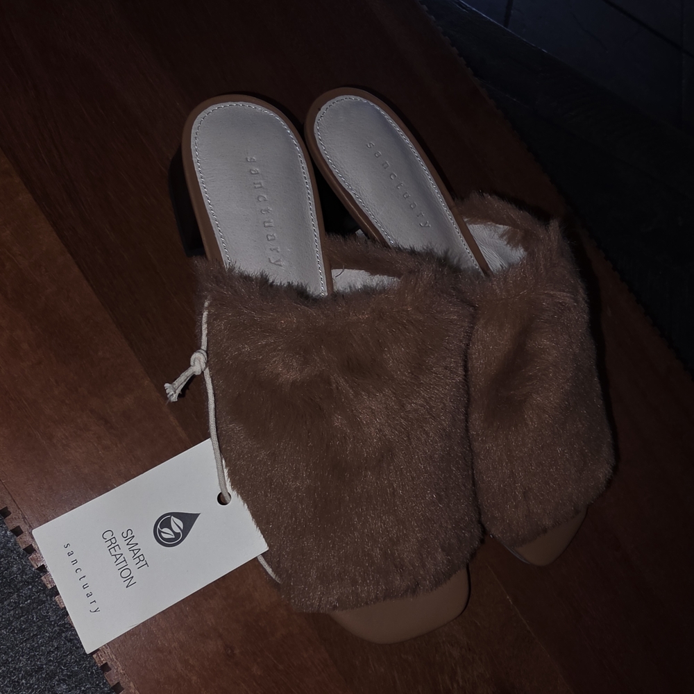 Sanctuary Faux Fur Slide Mules in Chestnut Brown